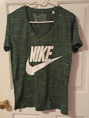 Ladies Nike Dark Green V-Neck Tee with White Logo